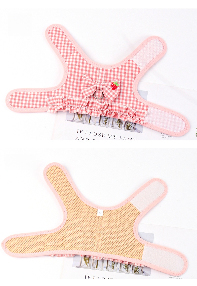 Pink Gingham Dog Harness with Strawberry Detail and Matching Leash